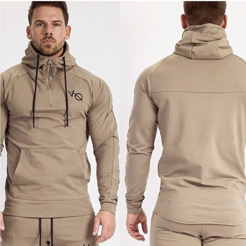 VANQUISH Fitness London VQ Eclipse Logo Pullover Hoodie 1/4 Zip Neck Kakhi Large